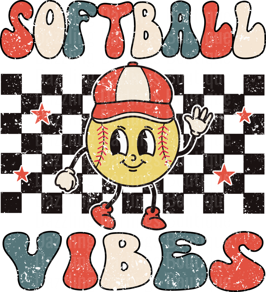 Softball Vibes Cute Baseball Character with Checkered Pattern