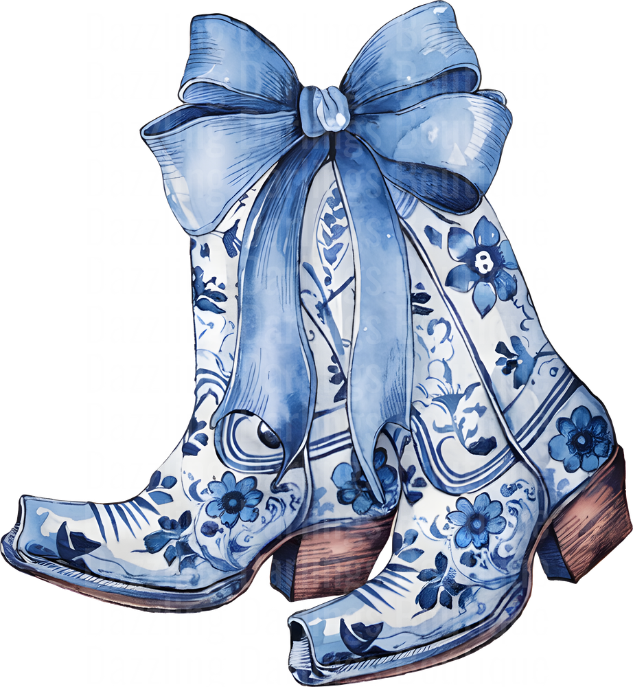 Blue and White Floral Cowboy Boots with Ribbon Bow