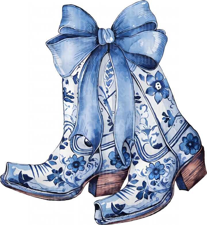 Blue and White Floral Cowboy Boots with Ribbon Bow