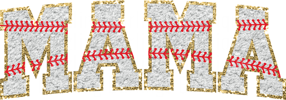 Baseball Mama Text with Gold Glitter and Red Stitching