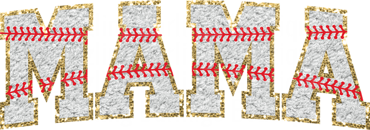 Baseball Mama Text with Gold Glitter and Red Stitching