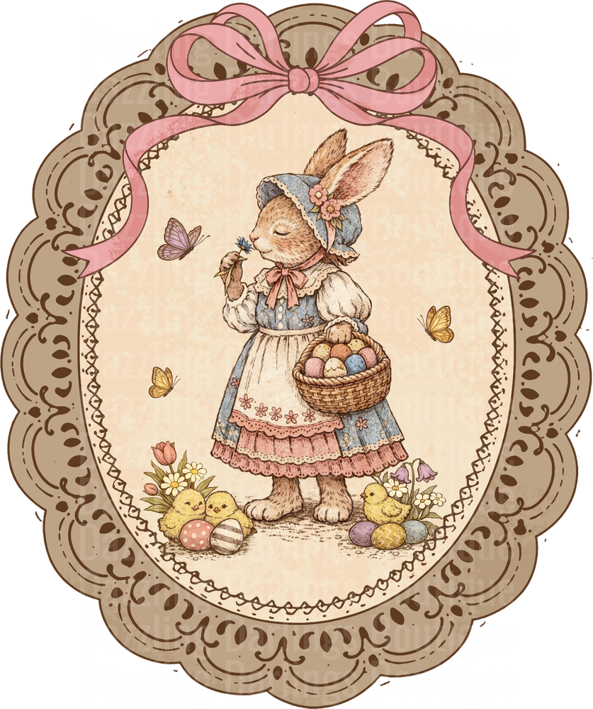 Victorian Easter Bunny with Basket and Chicks in Ornate Frame