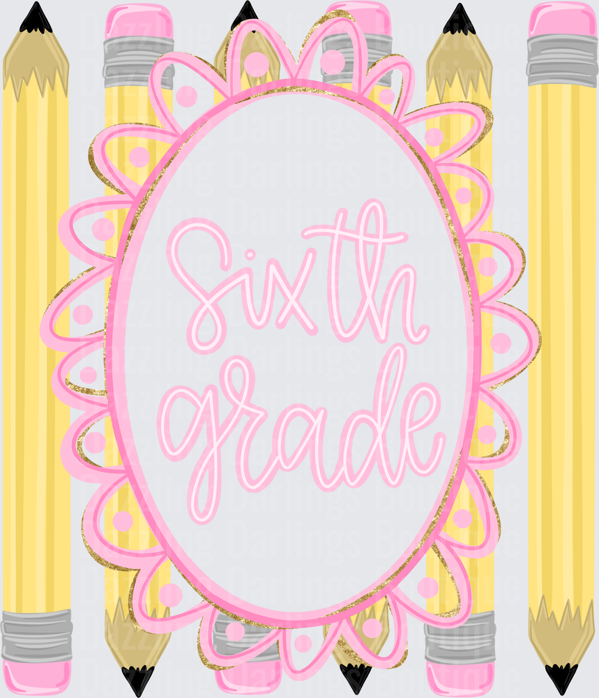 Sixth Grade Pink Script Oval Frame with Yellow Pencils