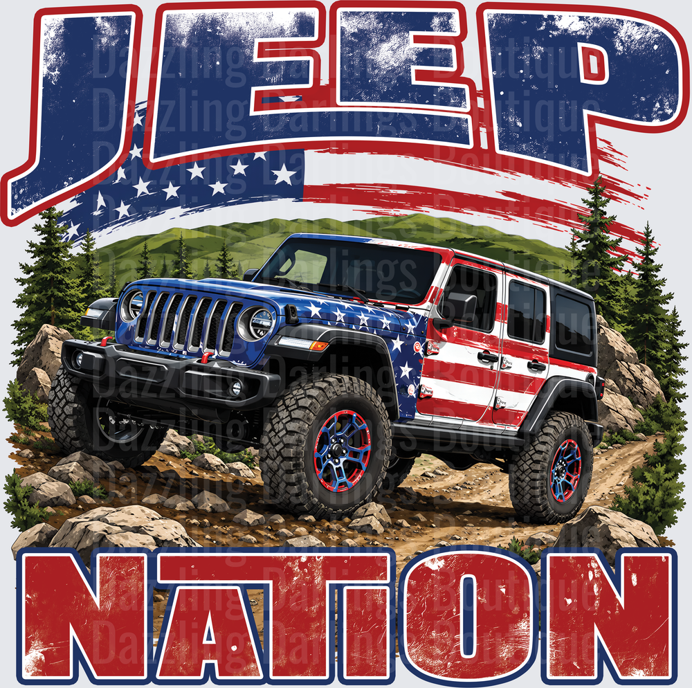 Jeep Nation American Flag Off-Road Adventure Mountain Scene