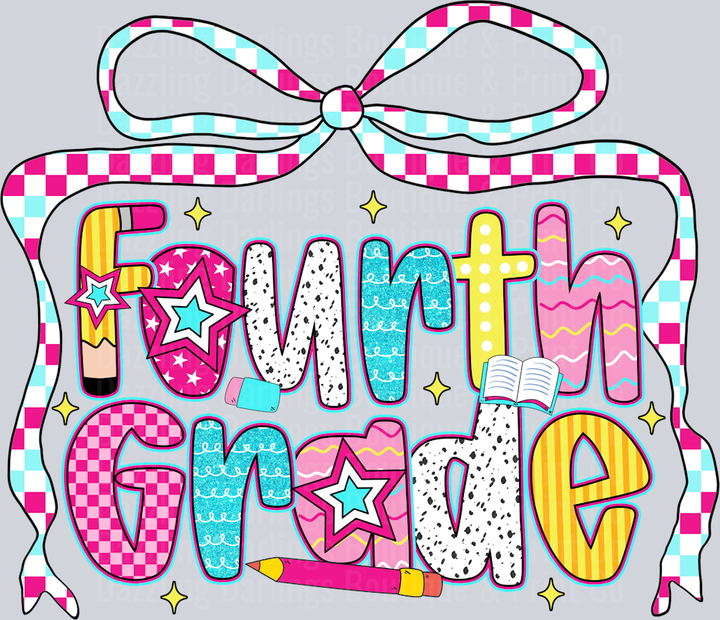 Fourth Grade Checkered Ribbon Bow Patterned Letters