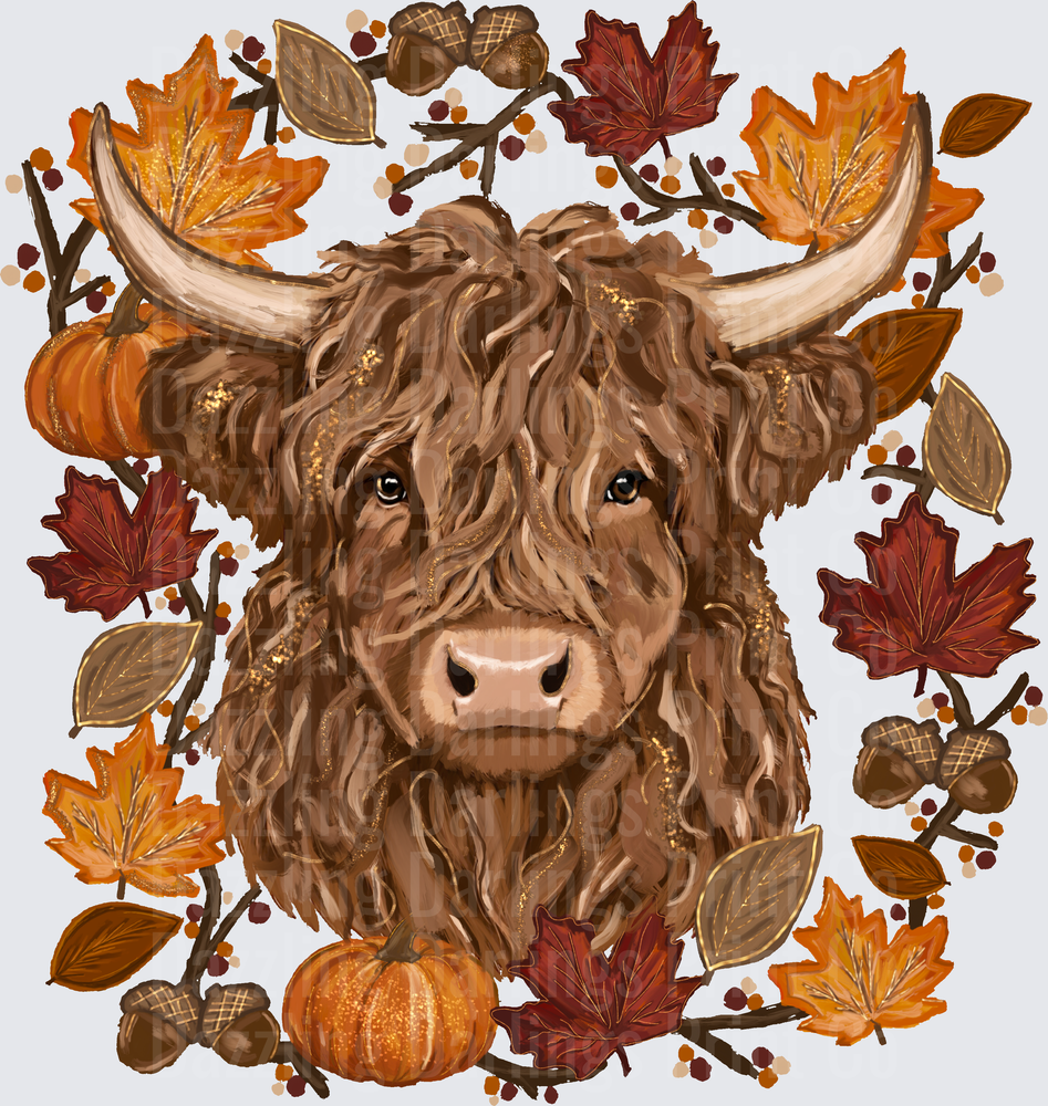 Highland Cow Fall Autumn Wreath Pumpkins Acorns Leaves