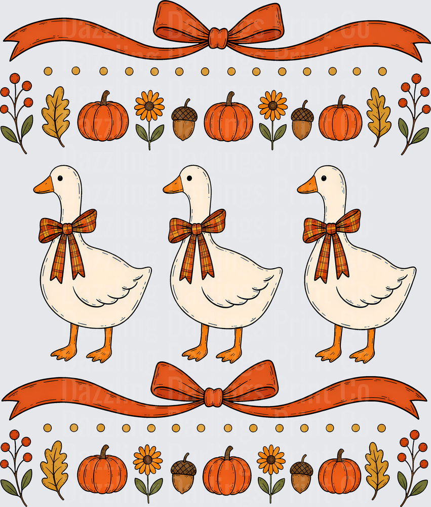 Three Fall Geese with Plaid Bows Pumpkins Autumn Border