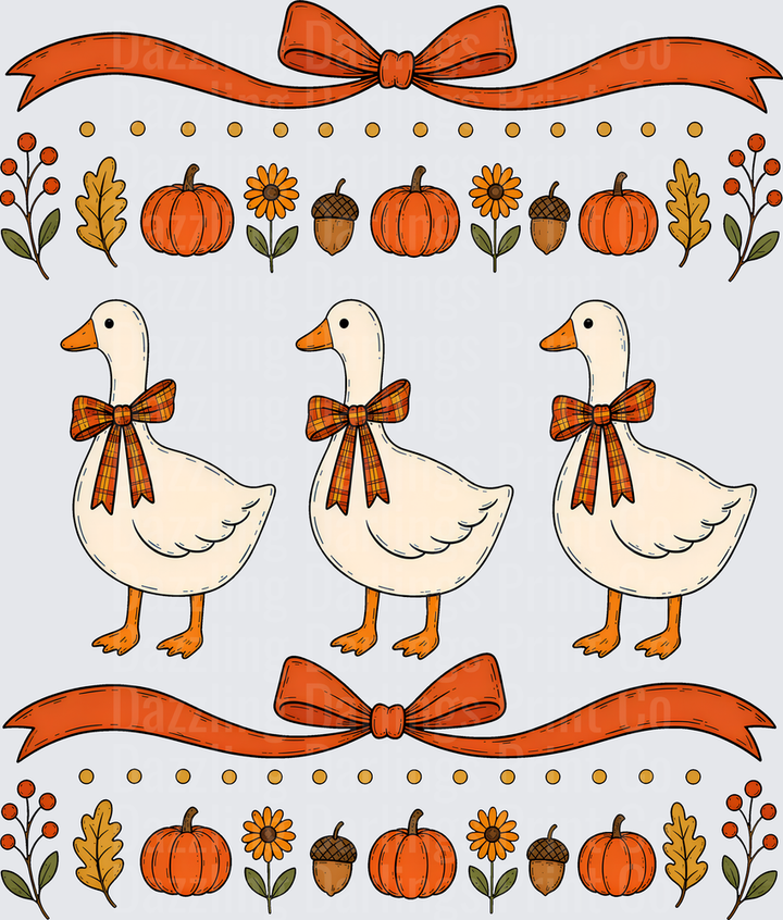 Three Fall Geese with Plaid Bows Pumpkins Autumn Border