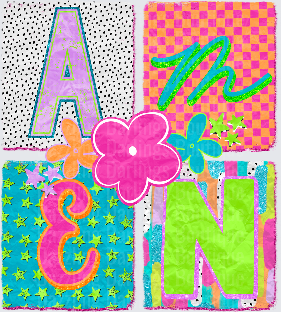 Colorful Retro Letters A B C N with Flower Power Design