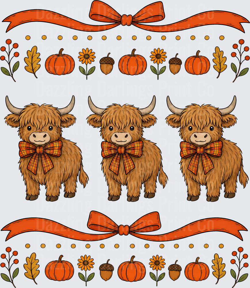 Trio of Cute Highland Cows Fall Autumn Plaid Bows Pumpkins