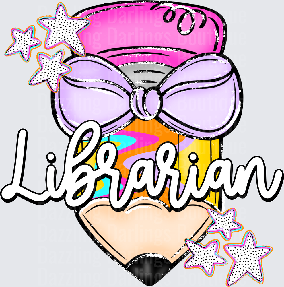 Librarian Groovy Pencil with Purple Bow and Stars