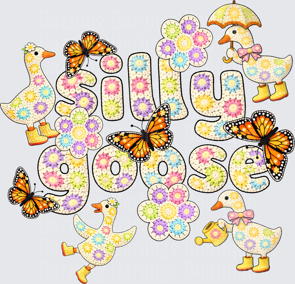 Silly Goose Crochet Pattern Design with Monarch Butterflies and Flowers