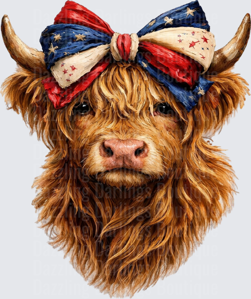 Highland Cow with Patriotic American Flag Bandana Bow