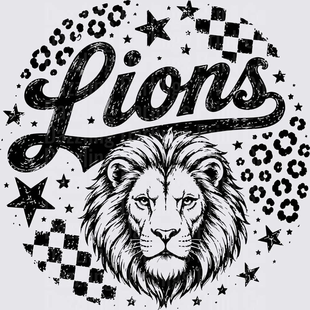 Lions Script Mascot Head with Stars Leopard Checker Print