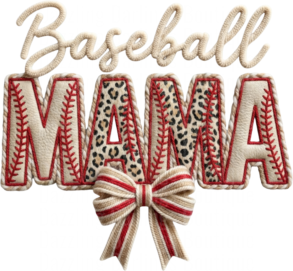 Baseball Mama with Leopard Print Letters and Rope Bow