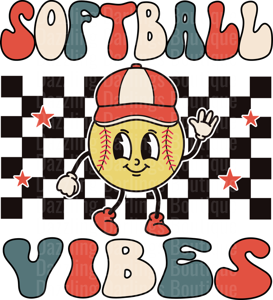 Softball Vibes Cartoon Baseball Character with Checkered Pattern