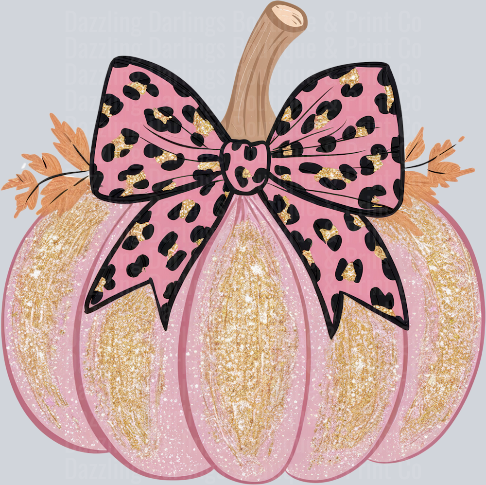 Halloween Fall Pumpkin Pink Glitter Leopard Bow Leaves