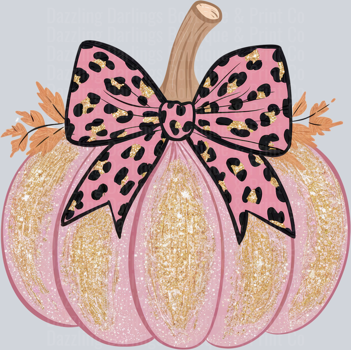 Halloween Fall Pumpkin Pink Glitter Leopard Bow Leaves