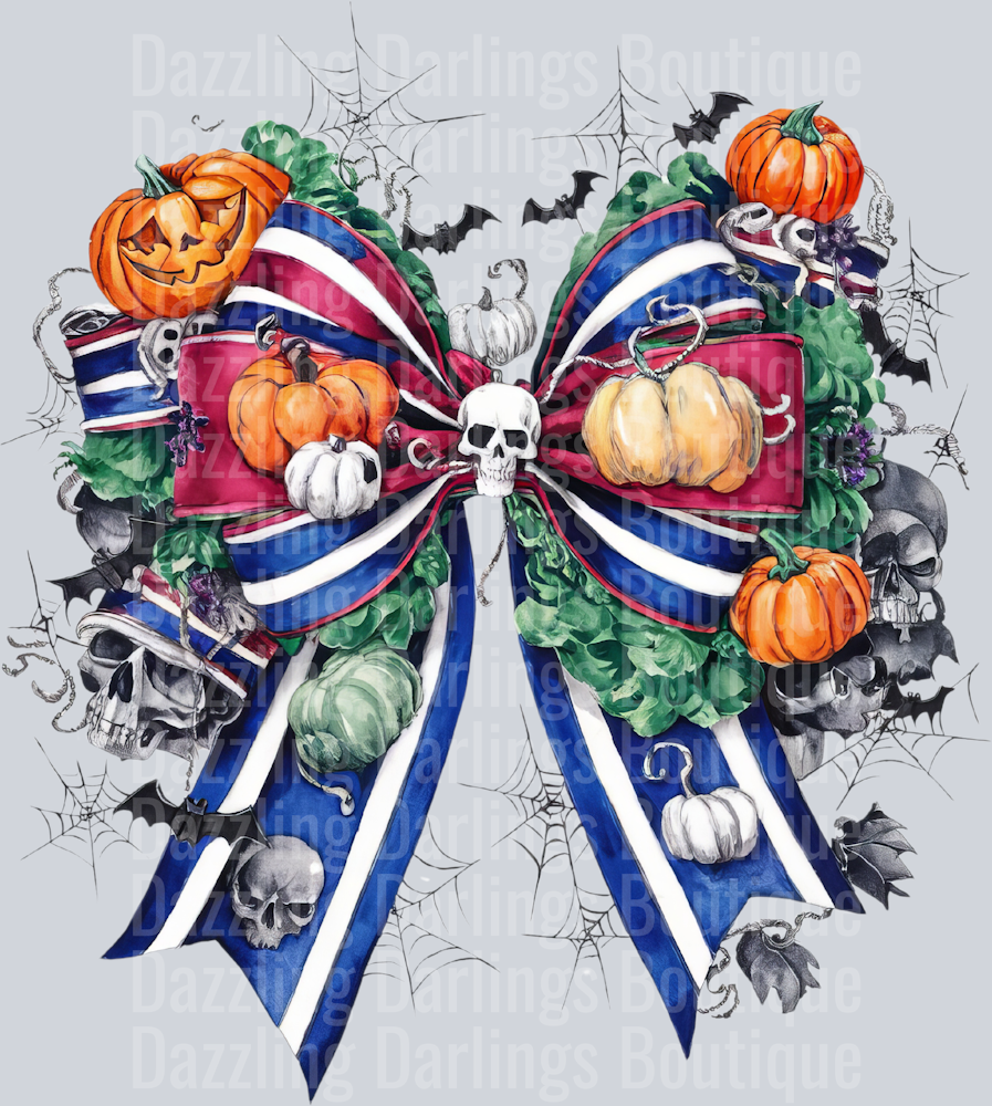 Halloween Fall Coquette Bow Navy Stripe Pumpkins Skull