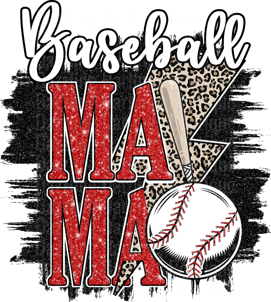 Baseball MAMA Red Glitter Leopard Print Lightning Bolt Design