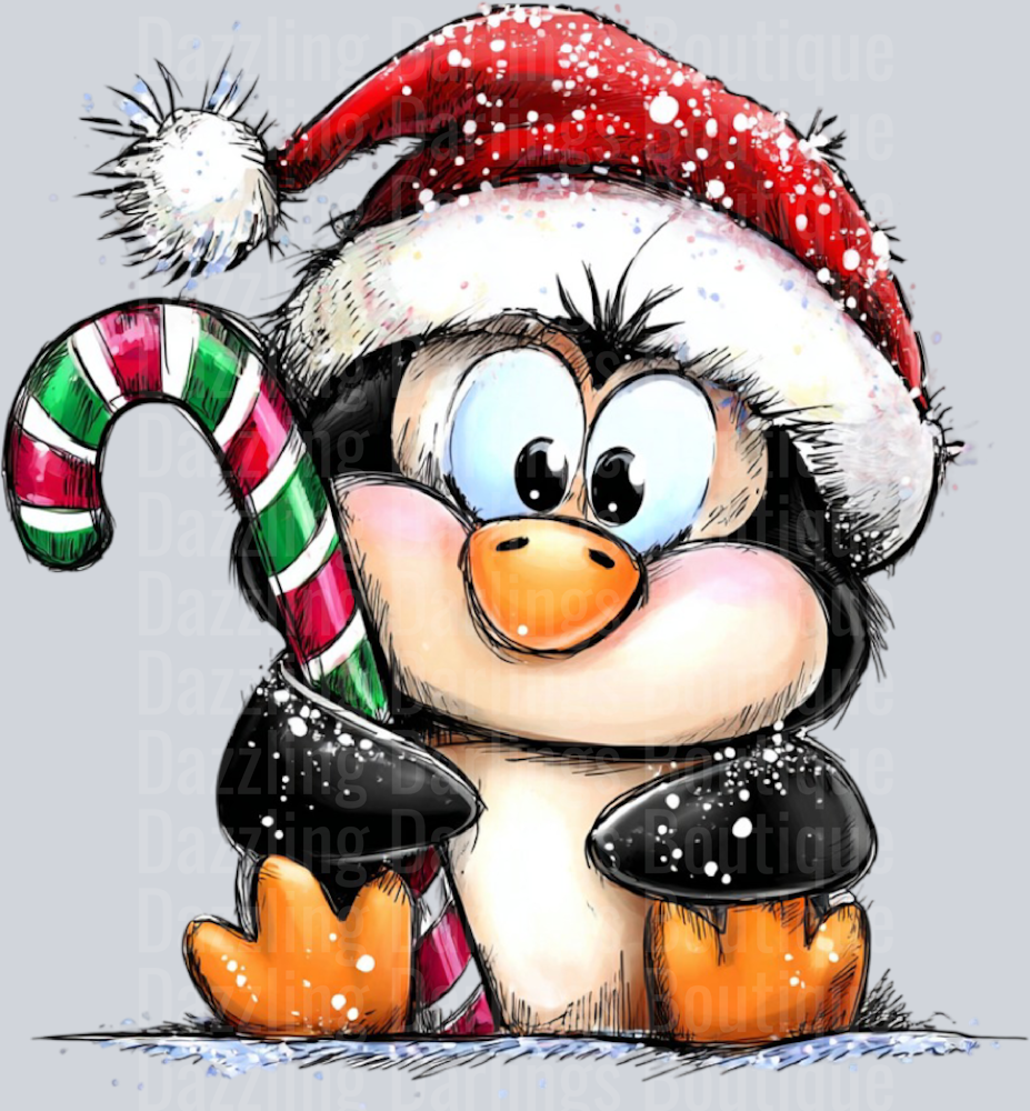 Hand-drawn Christmas Penguin Santa Hat Candy Cane Sitting