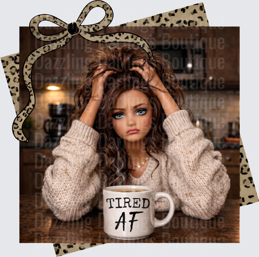 Tired AF Woman with Messy Hair Coffee Mug Kitchen Scene