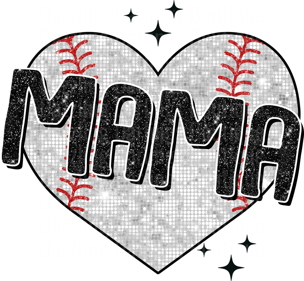 Baseball Mama Heart with Red Stitching and Sparkle Stars