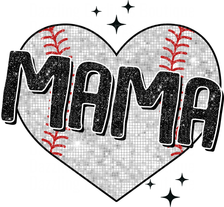 Baseball Mama Heart with Red Stitching and Sparkle Stars