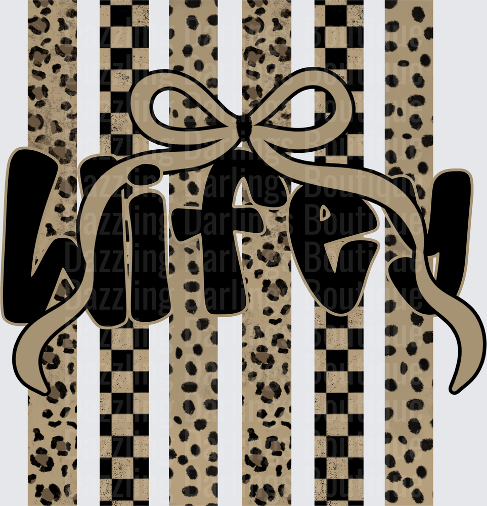 Wifey Text with Bow on Leopard Print and Checkered Stripes