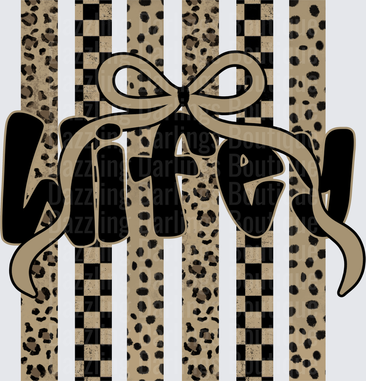 Wifey Text with Bow on Leopard Print and Checkered Stripes