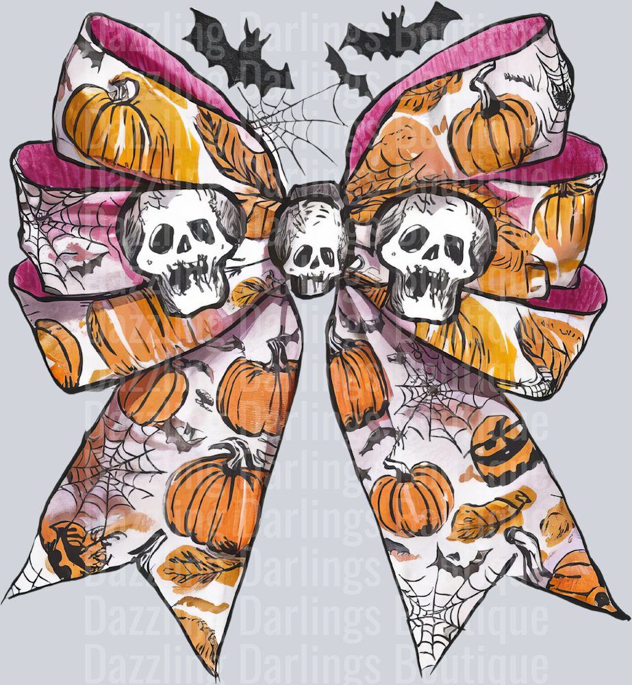 Halloween Fall Coquette Bow Pink Cream Pumpkins Twin Skulls