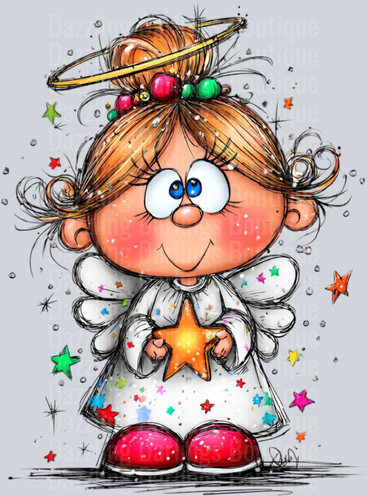 Hand-drawn Christmas Angel Holding Star Halo Lights
