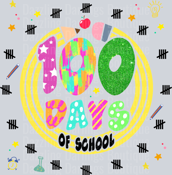 100 Days Of School Yellow Circle Black Tally Marks