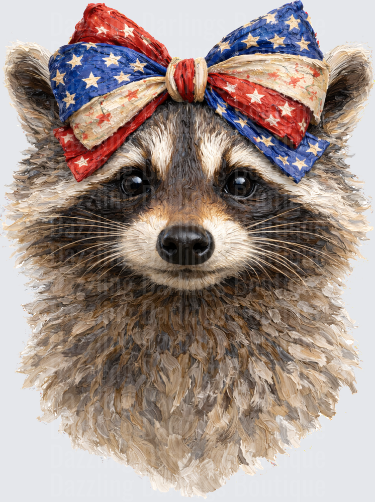 Patriotic Raccoon with Red White Blue Stars and Stripes Bow