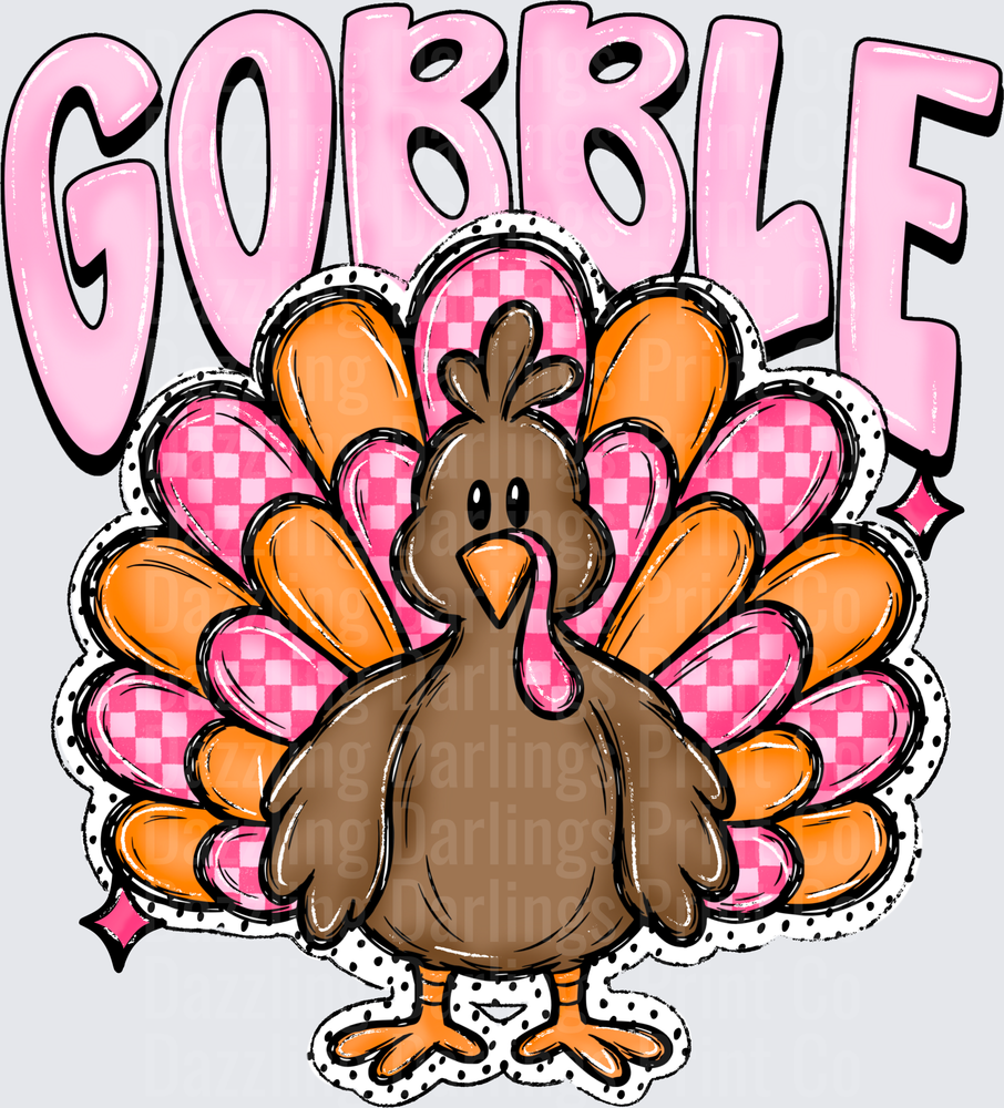 Gobble Cute Turkey Pink Checkered Feathers Thanksgiving