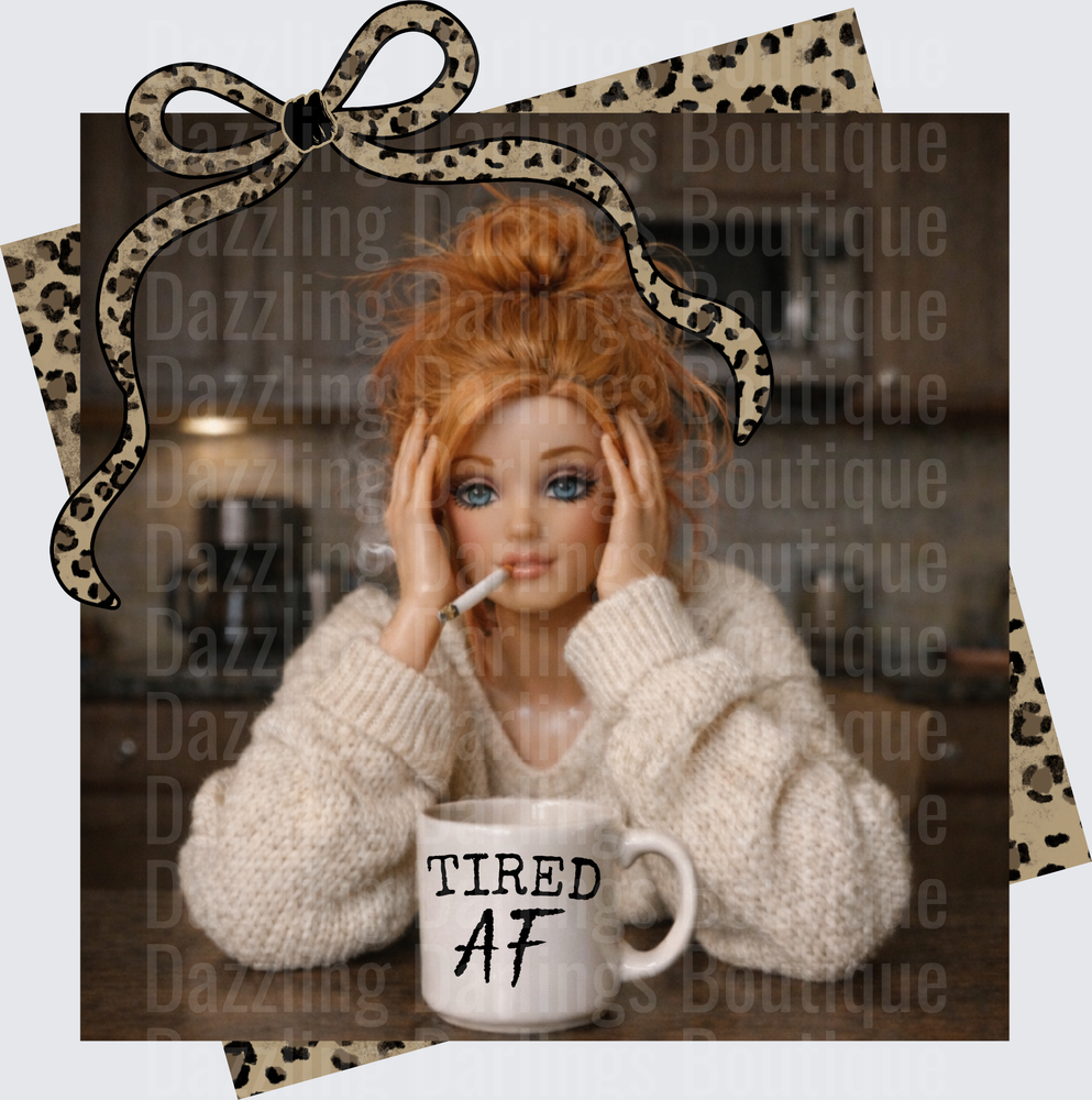 Tired AF Barbie with Coffee Mug and Leopard Print Bow Frame