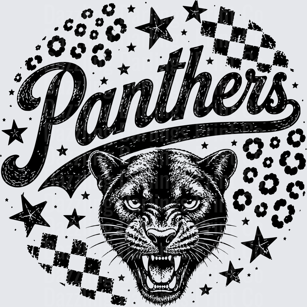 Panthers Script Roaring Panther Head Stars Leopard Print