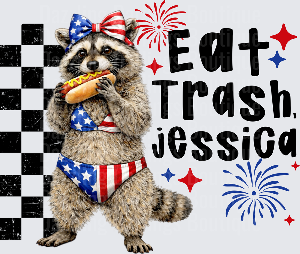 Patriotic Raccoon Eating Hot Dog with Eat Trash Jessica Text