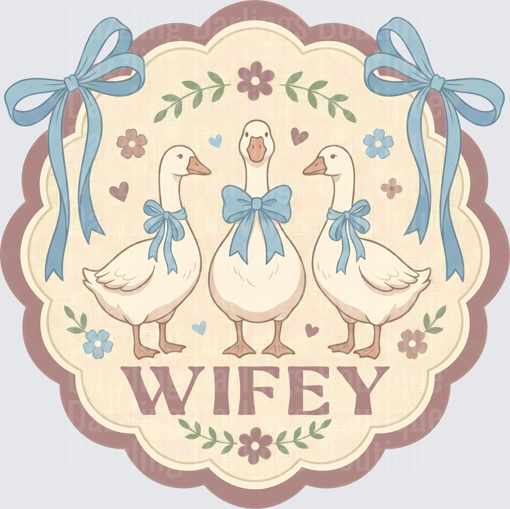 Wifey Three Geese with Blue Bows Vintage Floral Frame