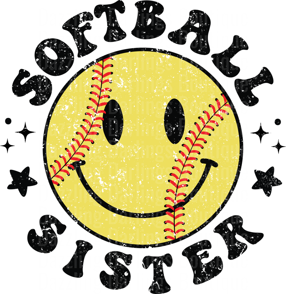 Softball Sister Smiley Face with Red Stitching and Stars