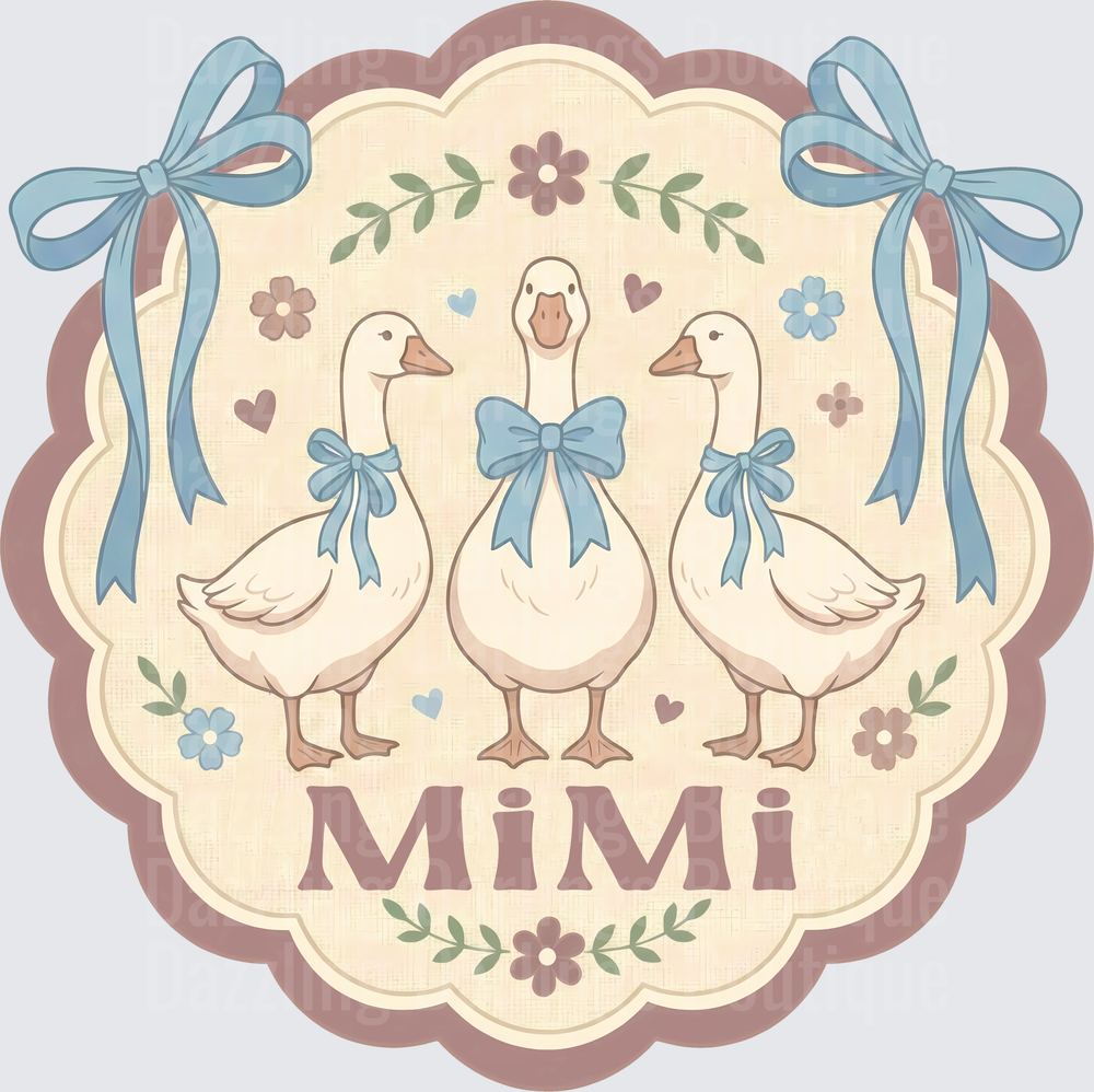 Mimi Three Geese with Blue Bows Vintage Floral Frame