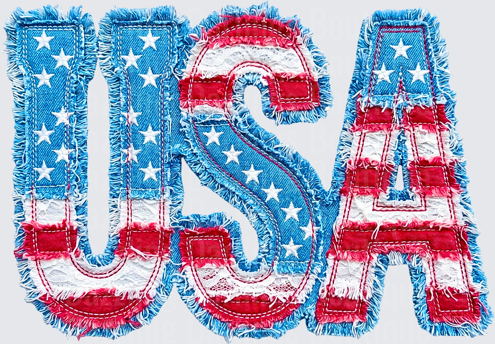 USA Letters with American Flag Denim and Fringe Texture