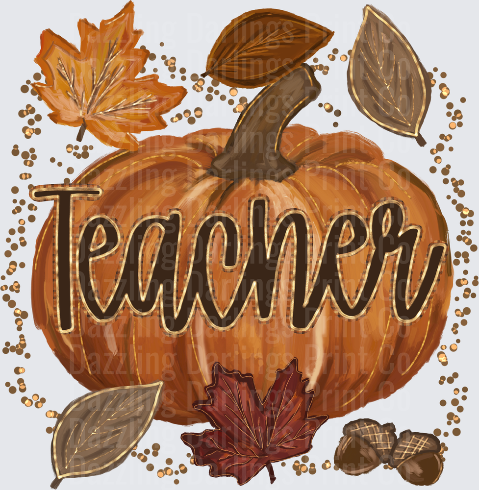 Fall Pumpkin Teacher Script Autumn Leaves Acorns Gold Dots