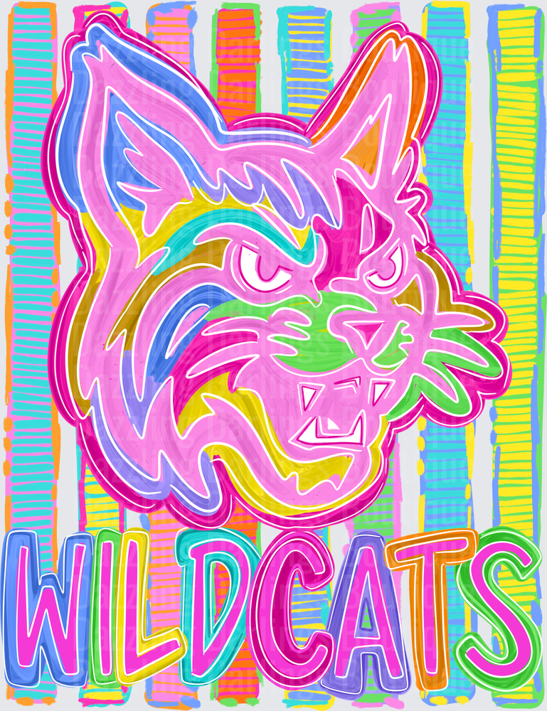 Wildcats Mascot Neon Rainbow Marker Art Bold Stripes