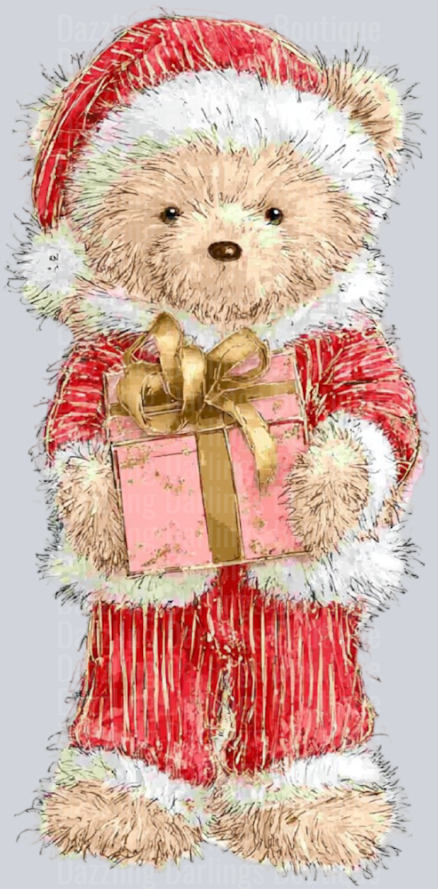 Christmas Teddy Bear Santa Hat Holding Pink Gift