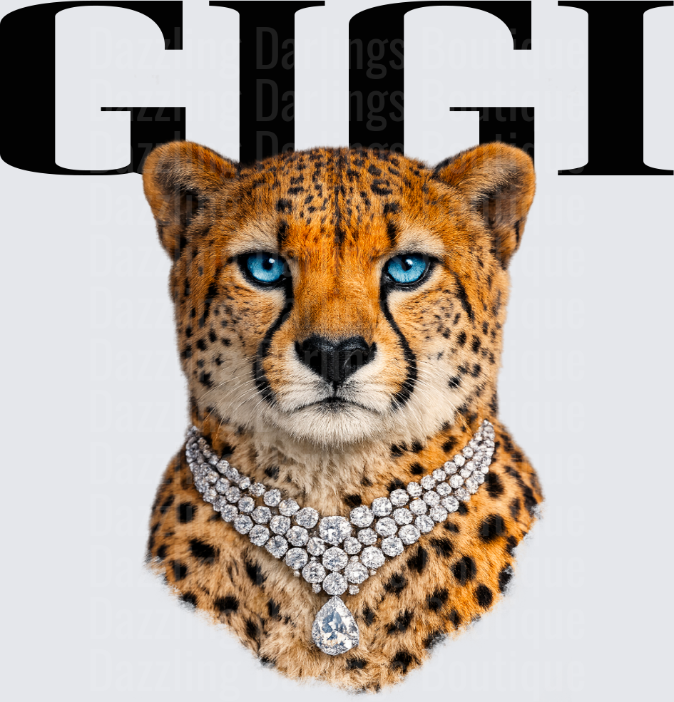 Cheetah with Blue Eyes Wearing Diamond Jewelry and GUCCI Text