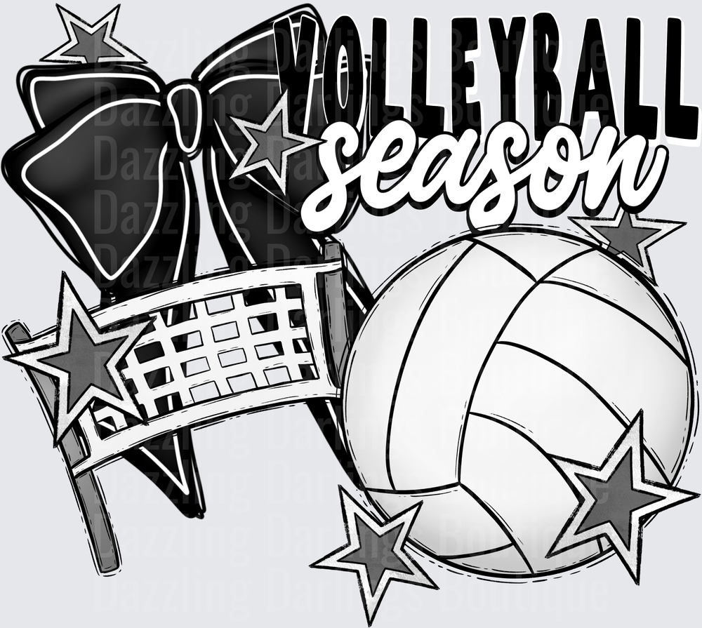 Volleyball Season with Stars Net and Ball Black and White Design