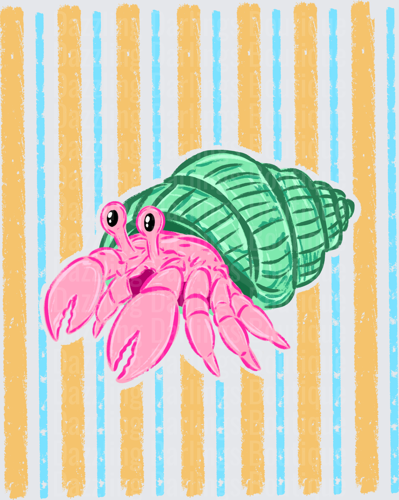 Pink Hermit Crab with Green Shell on Striped Background
