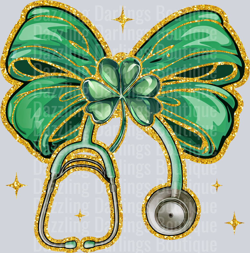 Nurse St. Patty's Day Green Glitter Bow Stethoscope Shamrock