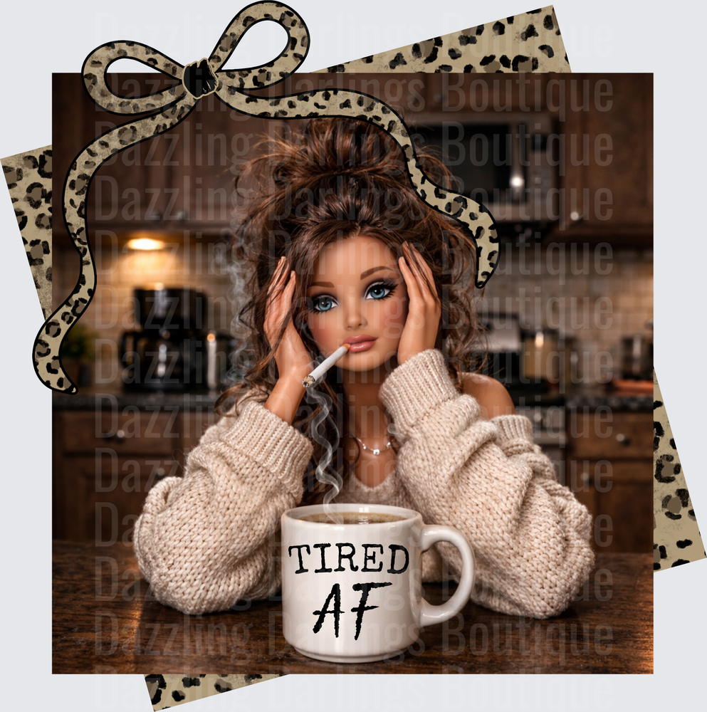 Tired AF Coffee Mug Messy Bun Girl with Leopard Bow Frame